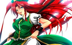 Rule 34 | 1girl, blue eyes, braid, breasts, hair ribbon, hat, highres, hong meiling, long hair, looking at viewer, nekominase, open mouth, polearm, puffy short sleeves, puffy sleeves, red hair, ribbon, short sleeves, simple background, skirt, skirt hold, skirt set, solo, star (symbol), touhou, twin braids, very long hair, weapon, white background, wrist cuffs