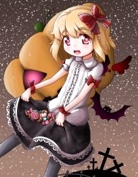 Rule 34 | 1girl, adapted costume, bat (animal), blonde hair, blouse, candy, cookie, cross, fence, food, grey background, hair ribbon, halloween, heart, heart-shaped pupils, highres, jack-o&#039;-lantern, lollipop, looking at viewer, open mouth, pantyhose, puffy short sleeves, puffy sleeves, red eyes, ribbon, roco (katsuya1011), rumia, shirt, short hair, short sleeves, simple background, skirt, skirt basket, skirt hold, sky, solo, star (sky), starry sky, swirl lollipop, symbol-shaped pupils, touhou, wrist ribbon