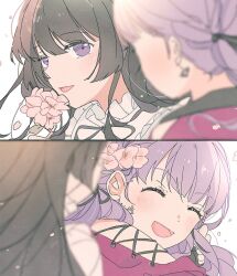 Rule 34 | 2girls, 2koma, bang dream!, black hair, blurry, blurry foreground, closed eyes, clothing cutout, comic, dress, earrings, flower, hair flower, hair ornament, happy, highres, holding, holding flower, jewelry, long hair, looking at another, multiple girls, open mouth, pink flower, purple eyes, purple hair, purple shirt, seri (vyrlw), shirokane rinko, shirt, shoulder cutout, simple background, smile, tongue, udagawa ako, white background, white dress