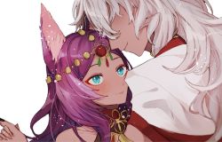 Rule 34 | 1boy, 1girl, animal ears, aqua eyes, black nails, blush, closed mouth, collar, couple, covered eyes, dark-skinned female, dark-skinned male, dark skin, eyeshadow, fate/grand order, fate (series), from behind, gem, grey hair, hair over eyes, head chain, heads together, holding hands, hug, jewelry, kamiemonsan, light particles, light smile, long hair, looking at another, lovestruck, makeup, nail polish, neck ring, parted bangs, purple hair, queen of sheba (fate), sidelocks, simple background, solomon (fate), upper body, white background