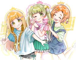 3girls ;) ^_^ bare_legs blonde_hair blue_overalls blue_shirt blush braided_sidelock closed_eyes commentary_request crown green_shirt grin h2omizu_2 highres idolmaster idolmaster_cinderella_girls long_hair looking_at_viewer multiple_girls one_eye_closed orange_hair overall_shorts overalls pink_shirt puchitto_nine_(idolmaster) shirt short_hair short_sleeves smile straight_hair twintails very_long_hair yusa_kozue