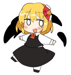 Rule 34 | 1girl, ascot, black footwear, black skirt, black vest, blonde hair, collared shirt, darkness, fang, full body, hair between eyes, hair ribbon, ini (inunabe00), open mouth, outstretched arms, pantyhose, red ascot, red ribbon, ribbon, rumia, shirt, shoes, short hair, simple background, skirt, smile, solo, spread arms, touhou, vest, white background, white pantyhose, white shirt