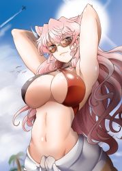 Rule 34 | 1girl, blue eyes, blue sky, breasts, brown-tinted eyewear, butterfly hair ornament, day, hair ornament, highres, large breasts, lips, long hair, looking at viewer, maria cadenzavna eve, millipen (medium), outdoors, sarong, senki zesshou symphogear, shiny skin, sky, smile, solo, standing, suga leon, sunglasses, swimsuit, tinted eyewear, traditional media
