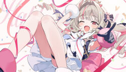 Rule 34 | 1girl, birthday, blush, bow, commentary request, confetti, drill, drill hair, fangs, fuubuu, gloves, grey hair, hair bow, hair ornament, highres, idol clothes, long hair, looking at viewer, makaino ririmu, multicolored hair, nijisanji, one eye closed, open mouth, pink hair, pointing, rabbit hair ornament, red eyes, ribbon, short shorts, shorts, shorts under skirt, single glove, skirt, smile, solo, thigh strap, tiara, twin drills, two-tone hair, virtual youtuber