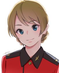 Rule 34 | 1girl, artist name, blonde hair, blue eyes, braid, closed mouth, commentary, darjeeling (girls und panzer), dated, epaulettes, girls und panzer, horikou, insignia, jacket, looking at viewer, military, military uniform, portrait, red jacket, short hair, signature, simple background, smile, solo, st. gloriana&#039;s military uniform, twin braids, uniform, white background