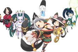 Rule 34 | 2boys, 4girls, :d, abe no seimei (onmyoji), ahoge, animal ears, bead necklace, beads, bell, black bow, black footwear, black hair, black hat, black kimono, blue eyes, bow, breasts, bright pupils, brown hair, cat ears, cat girl, cat tail, cleavage, closed mouth, coin, colored skin, commentary request, dandelion, detached sleeves, ears through headwear, facial mark, fire, flower, full body, geta, green eyes, green fire, green hair, green sash, grey hair, grin, hair bell, hair bow, hair ornament, hat, high ponytail, holding, holding mallet, holed coin, horns, hotarugusa (onmyoji), japanese clothes, jewelry, jingasa, jingle bell, kimono, kyuumei neko (onmyoji), large breasts, leaf hair ornament, lets0020, long hair, looking at viewer, mallet, multiple boys, multiple girls, multiple tails, nail, necklace, obi, onmyoji, open mouth, orange eyes, ponytail, purple skin, red eyes, red kimono, ribbon-trimmed sleeves, ribbon trim, sandals, sash, simple background, single horn, skin-covered horns, sleeveless, sleeveless kimono, slit pupils, smile, socks, standing, straw doll, tabi, tail, tate eboshi, tengu-geta, tesso (onmyoji), toeless footwear, twintails, two tails, ushi no toki (onmyoji), v-shaped eyebrows, very long hair, whisker markings, white background, white bow, white kimono, white pupils, white sleeves, white socks, wide sleeves, zashiki warashi (onmyoji), zouri