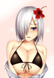 Rule 34 | 10s, 1girl, bikini, black bikini, blue eyes, blush, breast press, breasts squeezed together, breasts, character name, cleavage, female focus, hair over one eye, hamakaze (kancolle), highres, huge breasts, japanese clothes, kantai collection, kimono, large breasts, looking away, nipples, open mouth, short hair, simple background, solo, swimsuit, tony guisado, white hair, yukata