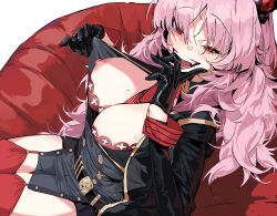 Rule 34 | 1girl, absurdres, armband, bean bag chair, belt, between breasts, black gloves, blue archive, blush, bra, breasts, cleavage, commentary, fang, garter straps, gloves, hair between eyes, highres, horns, jacket tug, large breasts, long hair, long yuan, looking at viewer, messy hair, mole, mole on breast, necktie, necktie between breasts, nipples, open mouth, pink hair, red armband, red bra, red eyes, red garter straps, red necktie, red thighhighs, satsuki (blue archive), simple background, sitting, smile, solo, symbol-only commentary, teeth, thighhighs, underwear, white background