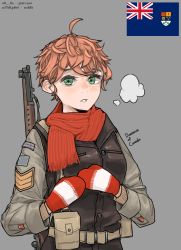 Rule 34 | 1girl, ahoge, blush, bolt action, breath, brown hair, freckles, green eyes, grey background, gun, gun on back, hearts of iron, highres, kaiserreich, lee-enfield, long sleeves, looking at viewer, messy hair, military, mittens, original, parted lips, pixiv username, pzkpfwi, red scarf, rifle, scarf, short hair, simple background, solo, upper body, weapon, weapon on back