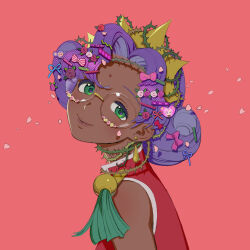 Rule 34 | 1girl, blue ribbon, blush, bow, closed mouth, commentary, crown, dark-skinned female, dark skin, decora, earrings, english commentary, facial mark, flower, forehead mark, from side, green eyes, hair flower, hair ornament, hairclip, heart, heart hair ornament, highres, himemiya anthy, jewelry, looking at viewer, parted bangs, petals, pink background, pink bow, pink flower, pink rose, purple hair, red flower, red rose, ribbon, rose, round eyewear, short hair, shoujo kakumei utena, smile, solo, tenjou utena, thorns, upper body, white flower, white rose, yoyo (harapeko)