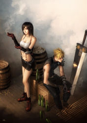 Rule 34 | 1990s (style), 1boy, 1girl, alcohol, armor, bare shoulders, beer, black skirt, blonde hair, blue eyes, boots, bottle, breasts, buster sword, cigarette butt, cleavage, cloud strife, crate, crop top, detached sleeves, final fantasy, final fantasy vii, full body, gloves, head tilt, highres, kit-ho, linea alba, long hair, looking at viewer, loose socks, medium breasts, midriff, miniskirt, navel, nose, out of character, pauldrons, pencil skirt, planted, planted sword, planted weapon, realistic, red gloves, retro artstyle, shirt, short hair, shoulder armor, sitting, skirt, sleeveless, smoking, socks, spiked hair, standing, suspender skirt, suspenders, sword, tifa lockhart, weapon, white shirt