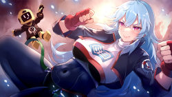 Rule 34 | 1girl, 60mai, blue hair, breasts, character request, clenched hands, closed mouth, commentary request, copyright request, gloves, hair between eyes, large breasts, light blue hair, light blush, long hair, looking at viewer, red eyes, red gloves, smile, solo, tagme, thighs, v-shaped eyebrows, virtual youtuber