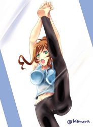 Rule 34 | 10s, 1girl, against glass, barefoot, breast press, breasts, brown hair, cameltoe, flexible, green eyes, gundam, gundam build fighters, gundam build fighters try, hands on feet, kamiki mirai, kimura shuuichi, large breasts, leg up, long hair, midriff, open mouth, pants, sidelocks, sleeveless, solo, stretching, tank top, twitter username, yoga pants