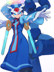 Rule 34 | android, artist name, blue coat, blue eyes, coat, cross, cyber elf x (mega man), detached wings, dual persona, forehead jewel, halo, helmet, highres, mechanical wings, mega man (series), mega man x (series), mega man zero (series), outstretched arm, rainbow halo, robot, simple background, vani (hisha 04), white background, wings, x (mega man)