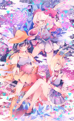 Rule 34 | 3girls, adapted costume, arm up, bare shoulders, black footwear, black hair, blonde hair, blue dress, blue flower, boots, bracelet, breasts, brown dress, brown footwear, brown jacket, cigarette, closed mouth, cowboy hat, crossed legs, detached sleeves, dress, earrings, flower, hair between eyes, hand up, hands on own hips, hat, highres, horns, horse tail, jacket, jewelry, kicchou yachie, kurokoma saki, long hair, long sleeves, looking at viewer, looking to the side, medium breasts, multicolored clothes, multicolored dress, multiple girls, nail polish, off shoulder, one eye closed, open mouth, orange headwear, pantyhose, pink dress, pink flower, pointy ears, ponytail, puffy short sleeves, puffy sleeves, purple dress, ratto (mobilis 1870), red eyes, red nails, scarf, sharp teeth, shoes, short hair, short sleeves, silver hair, sitting, sparkle, standing, star (symbol), starry background, tail, teeth, touhou, sunken fossil world, toutetsu yuuma, white scarf, wide sleeves, wily beast and weakest creature