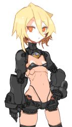 Rule 34 | 1girl, absurdres, android, black panties, blonde hair, breasts, commentary request, cowboy shot, hair between eyes, hand on own hip, highleg, highleg panties, highres, joints, looking at viewer, mechanical arms, navel, open mouth, orange eyes, original, panties, robot girl, robot joints, shimosuke, short hair, simple background, small breasts, solo, standing, underwear, white background
