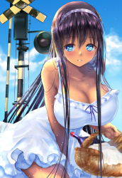 Rule 34 | 1girl, bad id, bad pixiv id, basket, black hair, blue eyes, blush, breasts, cleavage, cloud, cloudy sky, cup, dark skin, dark-skinned female, day, dress, dress tug, drinking glass, hairband, large breasts, leaning forward, long hair, looking at viewer, md5 mismatch, original, parted lips, ponytail korosuke, railroad crossing, revision, signpost, sky, smile, solo, white dress, wine glass