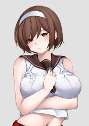 Rule 34 | 1girl, absurdres, arm under breasts, blush, breasts, brown eyes, brown hair, brown neckerchief, brown sailor collar, closed mouth, crop top, grey background, hairband, highres, jiangyou dang, kantai collection, large breasts, natori (kancolle), navel, neckerchief, sailor collar, short hair, simple background, solo, sweat, upper body, white hairband