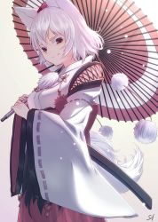 Rule 34 | 1girl, animal ears, detached sleeves, hat, holding, holding umbrella, inubashiri momiji, kourindou tengu costume, long sleeves, looking at viewer, marusan, oil-paper umbrella, pom pom (clothes), red eyes, ribbon-trimmed sleeves, ribbon trim, smile, snowing, solo, tail, tokin hat, touhou, umbrella, white hair, wide sleeves, wolf ears, wolf tail