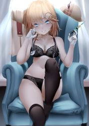Rule 34 | 1girl, :d, armchair, backlighting, black panties, black thighhighs, blonde hair, blue eyes, chair, collarbone, curtains, deerstalker, gloves, grin, hair ornament, hat, highres, holding, holding syringe, hololive, hololive english, indoors, knee up, looking at viewer, navel, no shoes, open mouth, panties, short hair, signature, sitting, smile, solo, stethoscope, syringe, teeth, thighhighs, underwear, underwear only, unworn headwear, virtual youtuber, watson amelia, watson amelia (street casual), white gloves, zasshu