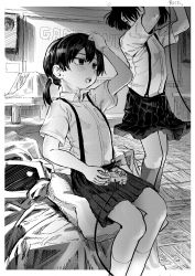 Rule 34 | 2girls, absurdres, blush, border, breast pocket, collared shirt, crt, feet out of frame, flat chest, game over, greyscale, hakonnbo, highres, indoors, monochrome, multiple girls, open mouth, original, pillow, playstation controller, pleated skirt, pocket, shirt, short hair, short twintails, sitting, skirt, socks, solo focus, standing, suspender skirt, suspenders, television, twintails