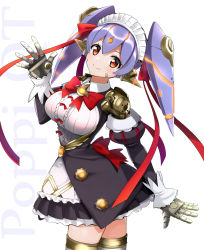 Rule 34 | 1girl, android, breasts, center frills, closed mouth, commentary request, frills, gold trim, hand up, head tilt, highres, joints, juliet sleeves, large breasts, light purple hair, long hair, long sleeves, looking at viewer, maid, maid headdress, misu kasumi, neon trim, nintendo, orange eyes, poppi (xenoblade), poppi qt (xenoblade), puffy sleeves, robot joints, smile, solo, spoilers, spread fingers, standing, thighhighs, twintails, twisted torso, waving, wing collar, xenoblade chronicles (series), xenoblade chronicles 2