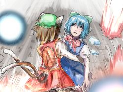 Rule 34 | 2girls, animal ears, burn scar, burnt clothes, cat ears, cat tail, chen, cirno, comic, danmaku, gradient background, hat, holding, ice, ice wings, injury, kongari tokei, mob cap, multiple girls, multiple tails, scar, silent comic, tail, touhou, wings
