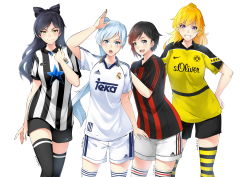 Rule 34 | 4girls, absurdres, ac milan, adidas, ahoge, artist name, asics, asymmetrical hair, barclays premier league, black hair, blake belladonna, blonde hair, blue eyes, blush, borussia dortmund, bow, classic, closed mouth, collared shirt, company name, dated, england, germany, grey eyes, hair bow, highres, italy, long hair, looking at viewer, lulu-chan92, multiple girls, newcastle united fc, nike (company), open mouth, ponytail, purple eyes, real madrid, ruby rose, rwby, scar, scar across eye, scar on face, shirt, short hair, signature, simple background, smile, soccer, soccer uniform, socks, sportswear, star (symbol), striped clothes, striped shirt, thighhighs, weiss schnee, white background, white hair, yang xiao long, yellow eyes