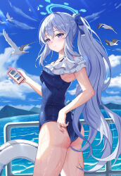 Rule 34 | 1girl, absurdres, alternate costume, alternate hairstyle, armpits, ass, bird, blue archive, blush, breasts, cellphone, grey hair, hair between eyes, hair ornament, halo, highres, kesa pasa, long hair, looking at viewer, miyako (blue archive), miyako (swimsuit) (blue archive), phone, ponytail, purple eyes, railing, seagull, sky, small breasts, smile, swimsuit, wet
