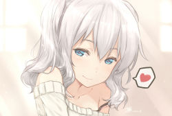 Rule 34 | 10s, 1girl, aqua eyes, bare shoulders, collarbone, commentary request, dan (kumadan), heart, heart-shaped pupils, kantai collection, kashima (kancolle), looking at viewer, off shoulder, silver hair, smile, solo, spoken heart, sweater, symbol-shaped pupils, twintails, upper body, wavy hair