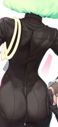 Rule 34 | 1boy, absurdres, ass, back, black gloves, bodysuit, cropped, frilled sleeves, frills, from behind, gloss (hotglossed), gloves, green hair, half gloves, hand on own hip, highres, lio fotia, male focus, promare, short hair, solo, trap, zipper