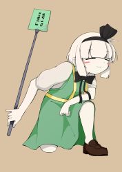 Rule 34 | 1girl, absurdres, balladeluce, black bow, black bowtie, black hairband, black ribbon, blunt bangs, blush, bow, bowtie, brown background, brown footwear, closed eyes, closed mouth, commentary request, cookie (touhou), dress, full body, green dress, hair ribbon, hairband, high-visibility vest, highres, holding, holding sign, konpaku youmu, on one knee, ribbon, shirt, shoes, short hair, short sleeves, sign, simple background, smile, solo, touhou, white hair, white shirt, zerukalo (cookie)