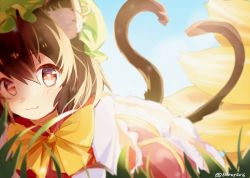 Rule 34 | 2girls, amano kenpi, animal ears, bow, brown hair, cat ears, cat tail, chen, earrings, fox tail, hat, jewelry, md5 mismatch, multiple girls, multiple tails, nekomata, resized, short hair, sketch, smile, tail, touhou, yakumo ran