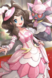 Rule 34 | 1girl, :d, blue eyes, blurry, blurry background, breasts, brown hair, collarbone, commentary request, cowboy shot, creatures (company), curly hair, diancie, dress, dress tug, frilled sleeves, frills, game freak, gen 6 pokemon, glint, gonzarez, hat, high ponytail, highres, hilda (pokemon), hilda (special costume) (pokemon), indoors, large breasts, legendary pokemon, long hair, long sleeves, looking at viewer, mini hat, mythical pokemon, nintendo, official alternate costume, open mouth, partial commentary, pink dress, pokemon, pokemon (creature), pokemon masters ex, sidelocks, smile, standing, teeth, two-tone dress, upper teeth only, white day