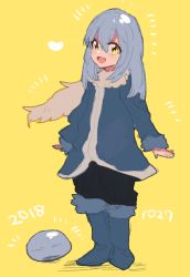 Rule 34 | 1other, androgynous, blue hair, boots, child, dual persona, fur, fur-trimmed boots, fur-trimmed sleeves, fur collar, fur scarf, fur trim, hair between eyes, heart, long hair, long sleeves, looking at viewer, open mouth, rimuru tempest, sakusan yousoeki, scarf, simple background, slime (creature), smile, solo, tensei shitara slime datta ken, yellow background, yellow eyes
