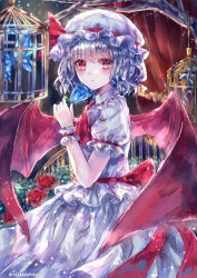 1girl, absurdres, artist name, ascot, back bow, bangs, bare tree, bat wings, blue flower, blue hair, blue rose, blurry, blush, bokeh, bow, bug, butterfly, cage, closed mouth, depth of field, dress, expressionless, eyebrows visible through hair, feet out of frame, flower, frilled shirt collar, frills, hat, hat bow, highres, holding, holding flower, indoors, insect, light particles, looking at viewer, mob cap, pink eyes, puffy short sleeves, puffy sleeves, red bow, red curtains, red neckwear, remilia scarlet, rose, short hair, short sleeves, solo, suzushina, touhou, tree, white dress, white headwear, wings, wrist cuffs