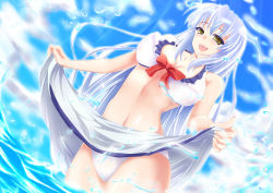 1girl bikini breasts clothes_lift cloud day female_focus frilled_bikini frills front-tie_top highres kamishirasawa_keine large_breasts light_rays lips looking_at_viewer negamaro open_mouth revision sarong silver_hair skirt skirt_lift sky smile solo submerged sunbeam sunlight swimsuit touhou water yellow_eyes