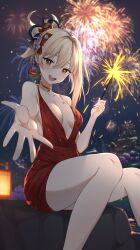 Rule 34 | 1girl, :d, absurdres, alternate costume, asymmetrical bangs, asymmetrical hair, bare legs, bare shoulders, blonde hair, breasts, chest tattoo, collarbone, commentary, dress, english commentary, feet out of frame, feint721, fireworks, genshin impact, gold choker, hair ornament, highres, holding, holding fireworks, legs, looking at viewer, medium breasts, night, night sky, open hand, open mouth, orange eyes, plunging neckline, red dress, red nails, sitting, sky, smile, solo, tattoo, thighs, yoimiya (genshin impact)
