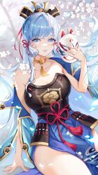 Rule 34 | 1girl, absurdres, alternate breast size, armor, armored dress, ayaka (genshin impact), bare shoulders, blue eyes, blue hair, blue skirt, breastplate, breasts, choker, cleavage, collarbone, commentary, duplicate, genshin impact, hamonji, highres, holding, holding mask, japanese armor, large breasts, long hair, looking at viewer, mask, off shoulder, open clothes, parted lips, skirt, solo, strapless, very long hair, yellow choker