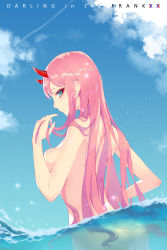 Rule 34 | 1girl, ass, blue eyes, blue sky, breasts, cloud, copyright name, darling in the franxx, day, from behind, highres, horns, joker.z, long hair, looking at viewer, looking back, medium breasts, nude, ocean, outdoors, partially submerged, pink hair, profile, sky, solo, sparkle, straight hair, very long hair, wet, wet hair, zero two (darling in the franxx)