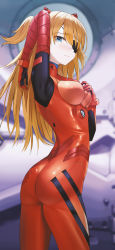 Rule 34 | 1girl, absurdres, arm up, ass, bad id, bad twitter id, blue eyes, blurry, blurry background, blush, bodysuit, breasts, closed mouth, cowboy shot, eyepatch, from side, gloves, hair between eyes, hand on own chest, hand up, highres, interface headset, long hair, long sleeves, looking at viewer, looking to the side, medium breasts, michelan, neon genesis evangelion, orange hair, plugsuit, red bodysuit, shiny clothes, solo, souryuu asuka langley, standing, two side up, wide hips