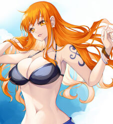 Rule 34 | 1girl, arm tattoo, bracelet, breasts, cleavage, cloud, commentary request, crazy otama, earrings, eyelashes, gradient background, happy, highres, jewelry, large breasts, log pose, long hair, looking at viewer, nami (one piece), navel, one piece, orange eyes, orange hair, smile, solo, standing, tattoo, wavy hair