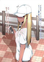 Rule 34 | 1girl, 298yenomiso, ass, blonde hair, breasts, brown eyes, cellphone, commentary request, covered erect nipples, dark-skinned female, dark skin, earrings, gyaru, hat, highres, jewelry, long hair, looking at viewer, mole, mole on neck, original, phone, see-through, shorts, smartphone, solo, sweat, translated