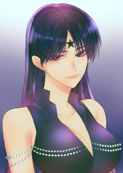 Rule 34 | 1girl, artist request, bishoujo senshi sailor moon, black hair, breasts, cleavage, earrings, facial mark, forehead mark, gem, highres, jewelry, large breasts, lips, looking at viewer, mistress 9, pearl (gemstone), purple eyes, sailor moon, solo, star (symbol), star facial mark, upper body