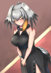 Rule 34 | 1girl, alternate costume, bare arms, bare shoulders, bird tail, black dress, black hair, breasts, buttons, closed mouth, dress, dutch angle, expressionless, grey hair, hair between eyes, hair intakes, highres, john (a2556349), kemono friends, long hair, looking at viewer, multicolored hair, orange eyes, orange hair, own hands together, shoebill (kemono friends), sidelocks, sleeveless, sleeveless dress, solo, tail, v arms