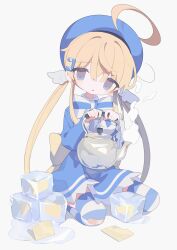 Rule 34 | 1girl, ahoge, bandaid, bandaid on clothes, bandaid on knee, bandaid on leg, blonde hair, blue bow, blue bowtie, blue dress, blue hat, blue thighhighs, bow, bowtie, daizu (melon-lemon), detached ahoge, dress, eyes visible through hair, folder, full body, hair between eyes, hair ornament, hat, head tilt, highres, holding, holding kettle, ice, ice cube, kettle, long bangs, long hair, long sleeves, looking at viewer, low twintails, melting, original, parted lips, puddle, purple eyes, seiza, sidelocks, simple background, sitting, solo, steam, striped bow, striped bowtie, striped clothes, striped thighhighs, thighhighs, twintails, very long hair, water, white background, wide sleeves, wing hair ornament