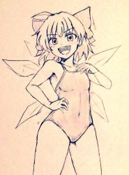 Rule 34 | 1girl, ahoge, alternate costume, bare legs, bow, breasts, cirno, commentary request, covered navel, cowboy shot, d-m (dii emu), eyelashes, fairy, greyscale, hair bow, hand on own hip, hand on own chest, ice, ice wings, looking at viewer, monochrome, one-piece swimsuit, open mouth, short hair, swimsuit, touhou, traditional media, v-shaped eyebrows, wings