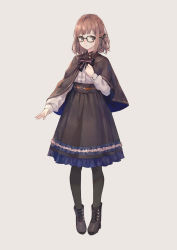 Rule 34 | 1girl, ankle boots, black-framed eyewear, black eyes, black footwear, black pantyhose, black ribbon, blush, boots, brown capelet, brown hair, brown skirt, capelet, center frills, commentary request, frilled shirt, frilled skirt, frills, from side, full body, glasses, grey background, hair ribbon, hand on own chest, high-waist skirt, high heel boots, high heels, highres, kobuta, long sleeves, looking at viewer, neck ribbon, original, pantyhose, parted lips, pigeon-toed, ribbon, shirt, short hair, simple background, skirt, solo, standing, white shirt