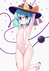 Rule 34 | 1girl, aqua eyes, aqua hair, armpits, arms up, black hat, bow, breasts, closed mouth, clothing request, curly hair, eyeball, full body, hat, hat bow, hat ribbon, heart, heart of string, highres, komeiji koishi, light blush, medium hair, revealing clothes, ribbon, simple background, small breasts, smile, solo, sseopik, third eye, touhou, white background, yellow bow, yellow ribbon