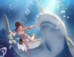 Rule 34 | 1girl, absurdres, air bubble, animal, anklet, armband, barefoot, belt, bracelet, braid, breasts, breath, brown hair, bubble, collar, dongqing zaozigao, feet, freediving, hairband, highres, holding breath, hybrid, jewelry, lantern, long hair, medium breasts, narwhal, necklace, nipples, nude, orange eyes, pussy, scar, solo, tattoo, toe ring, toes, underwater, vocaloid, vocanese, whale, yuezheng ling